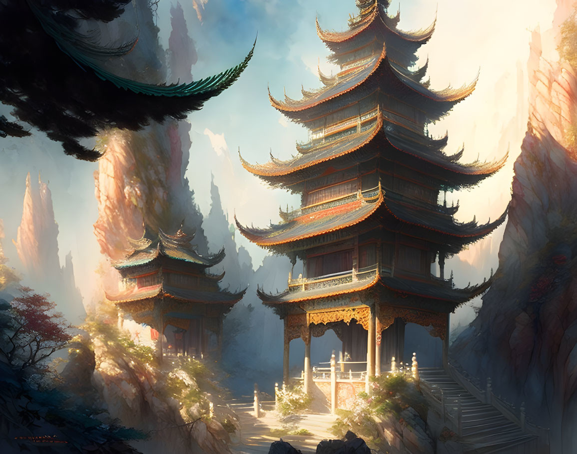 Misty mountains and ancient pagodas in lush landscape