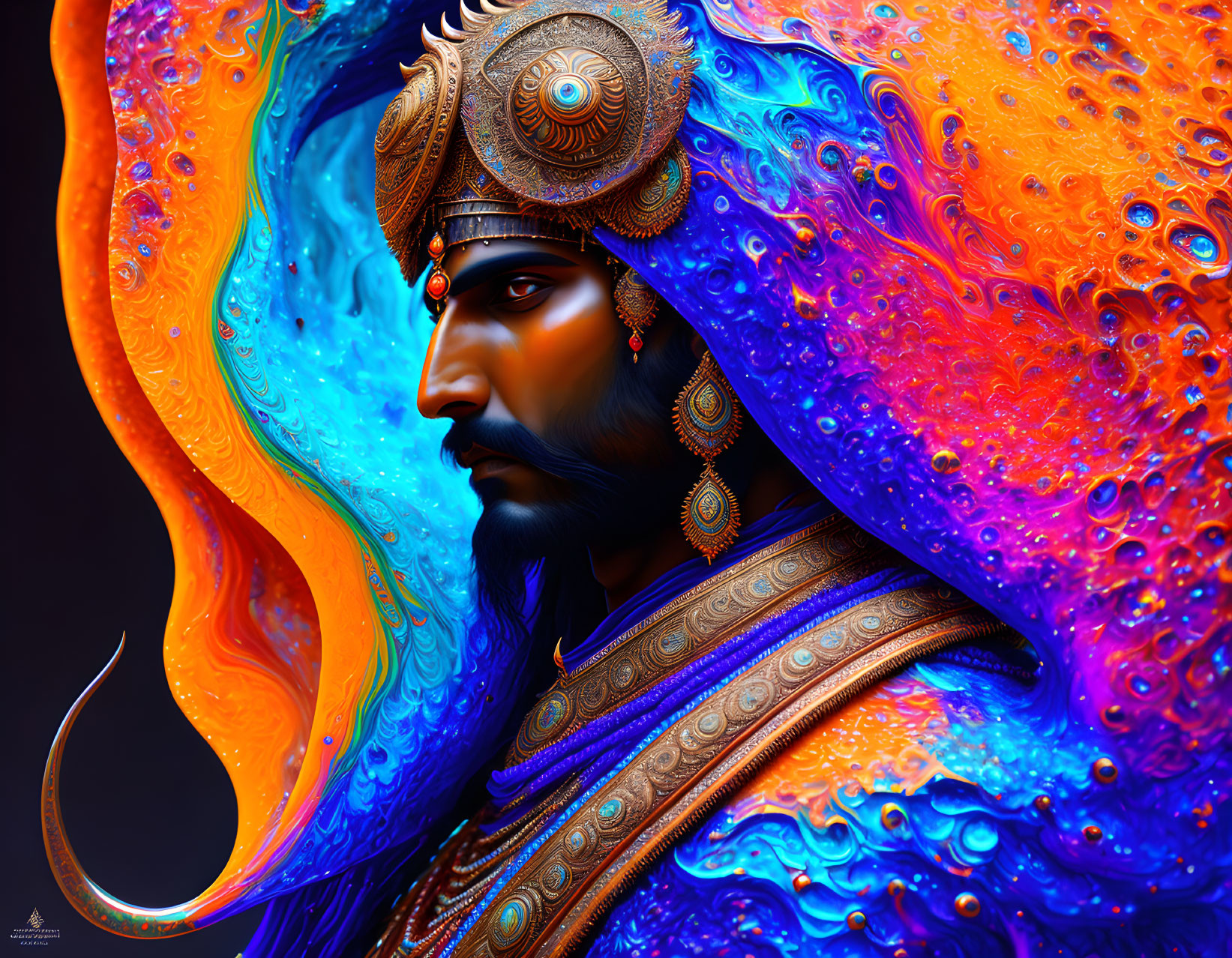 Colorful cosmic aura person with ornate armor & traditional headgear.