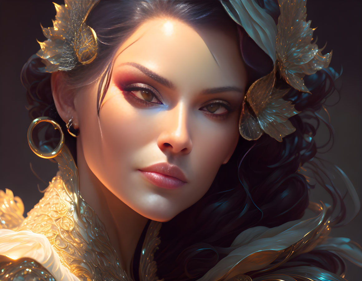 Woman's Digital Portrait with Golden Accessories and Blue Embellishments