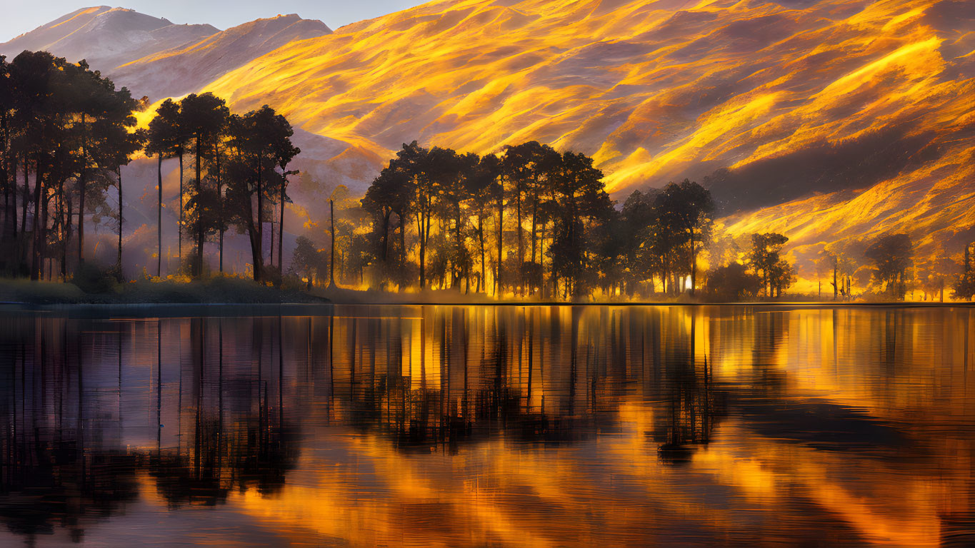 Mountain range illuminated by golden sunset over calm lake