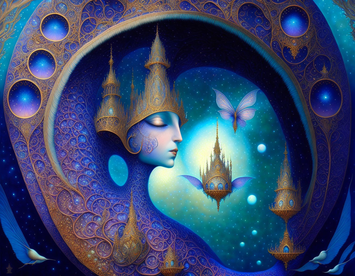 Fantasy illustration of a woman with intricate headgear in cosmic setting