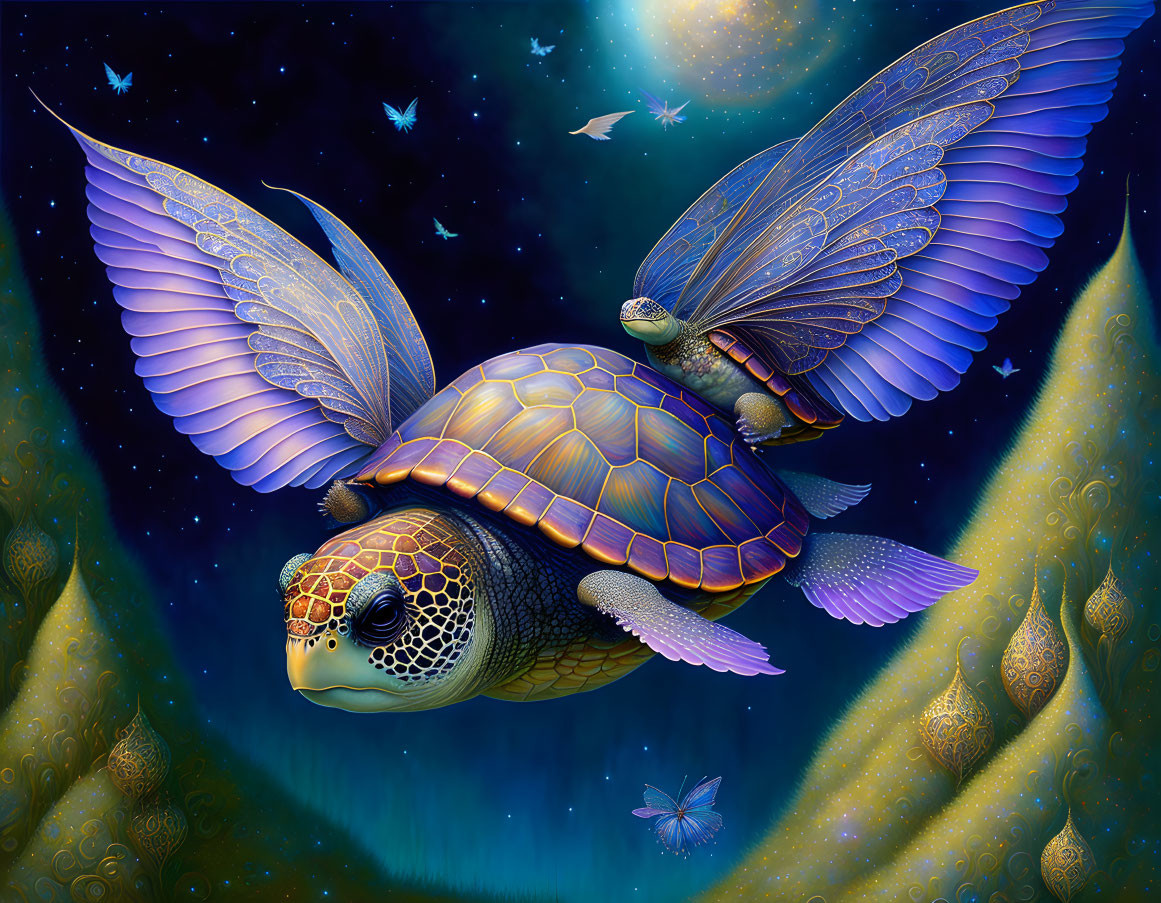 Fantastical flying turtle with butterfly wings in starry sky with glowing jellyfish