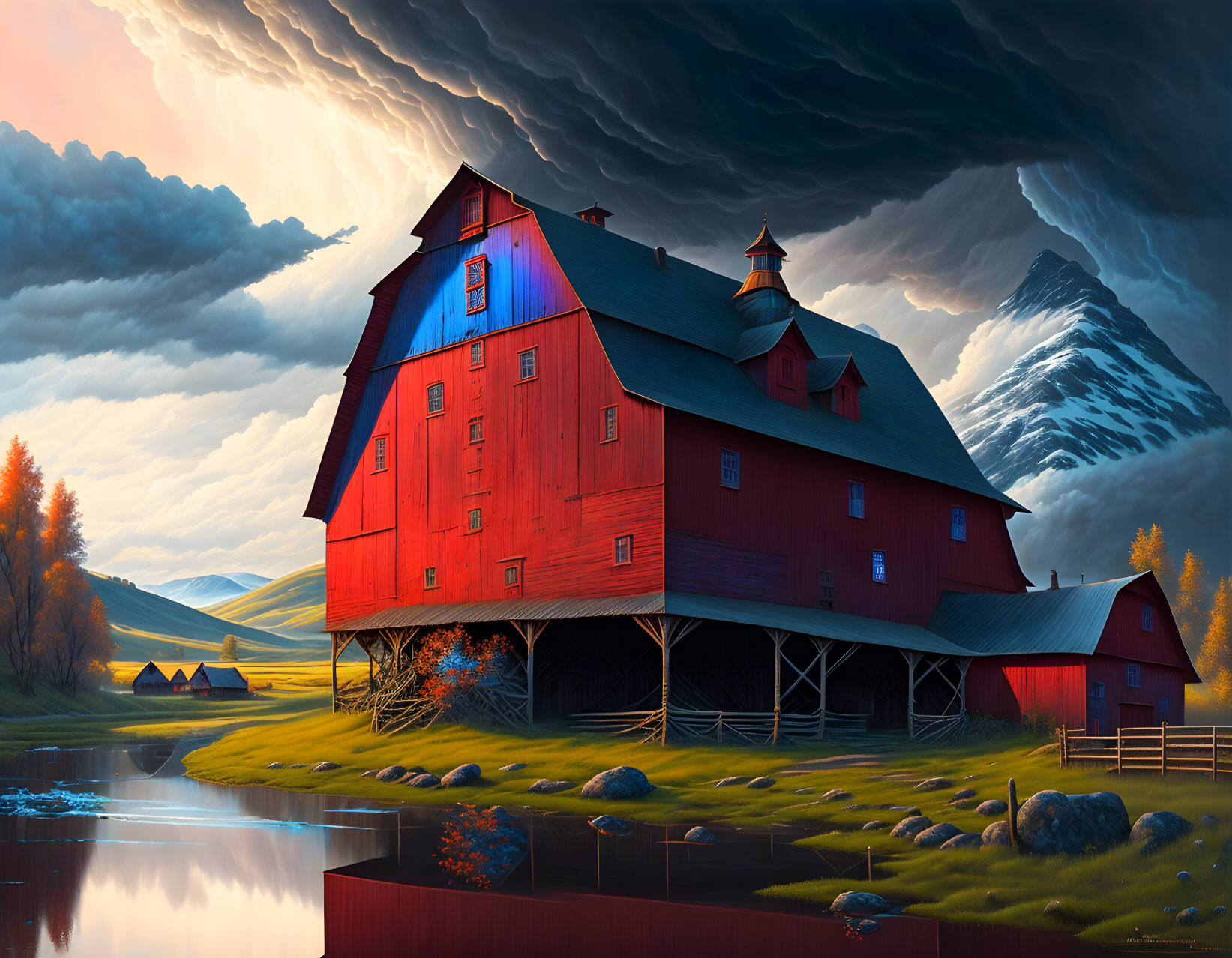Scenic red barn, serene lake, mountains under dramatic sky