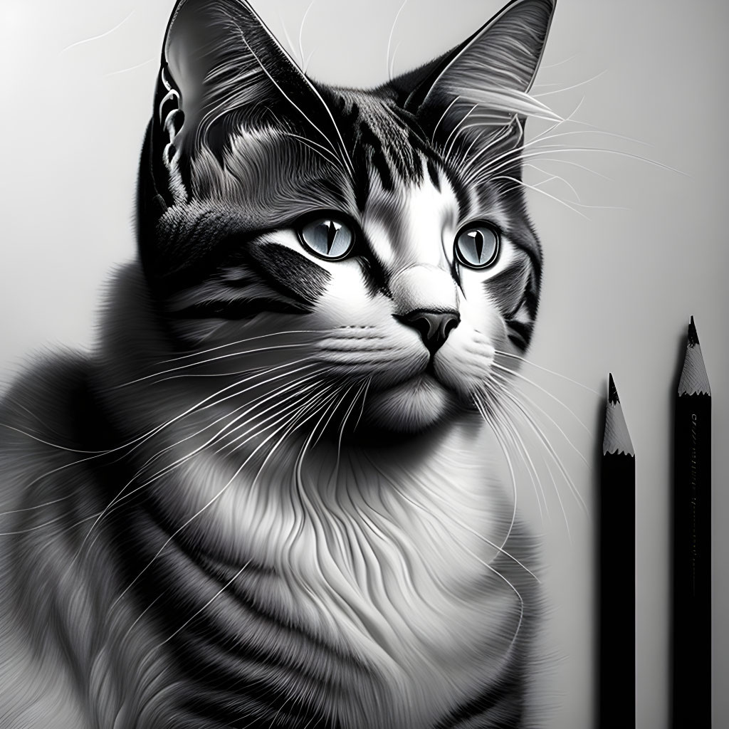 Detailed Black and White Tabby Cat Drawing with Pencils