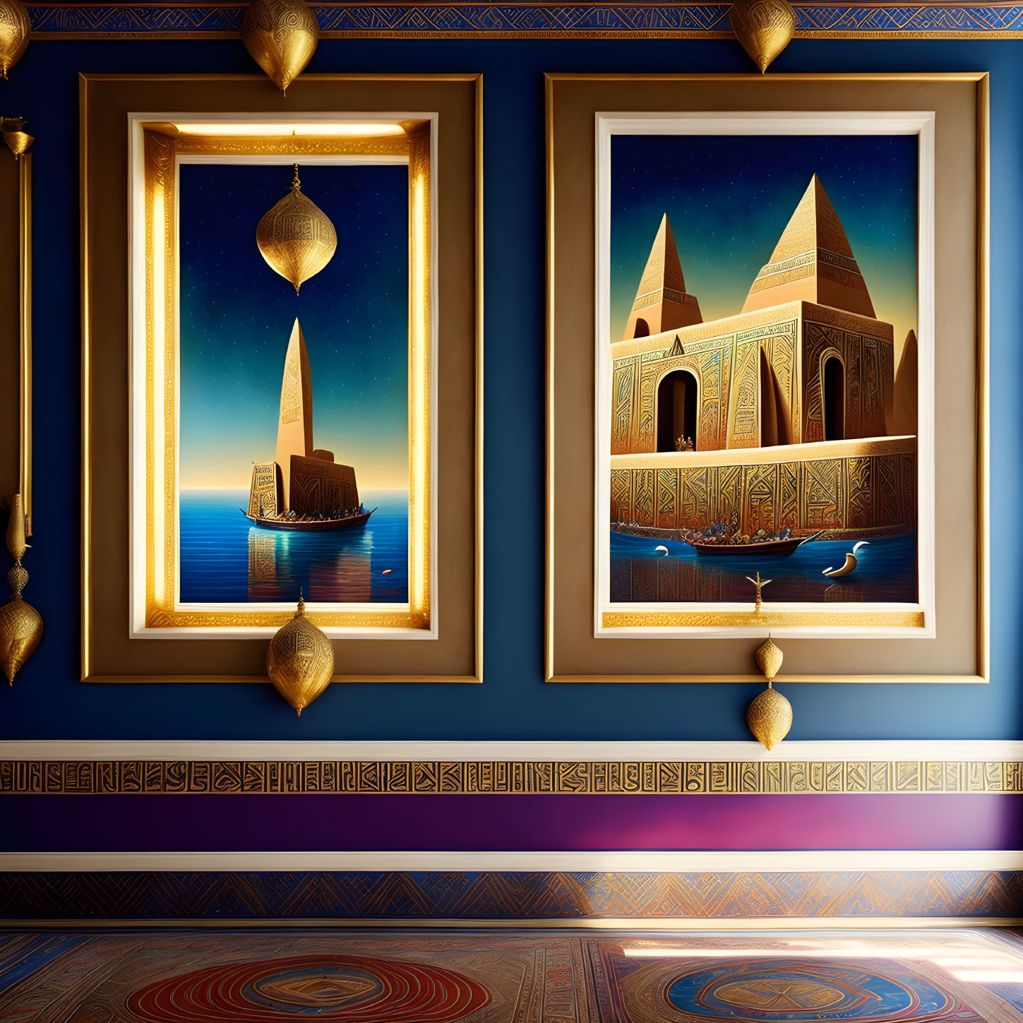 Stylized Egyptian landscape artworks with pyramids, boat, lamps on blue wall