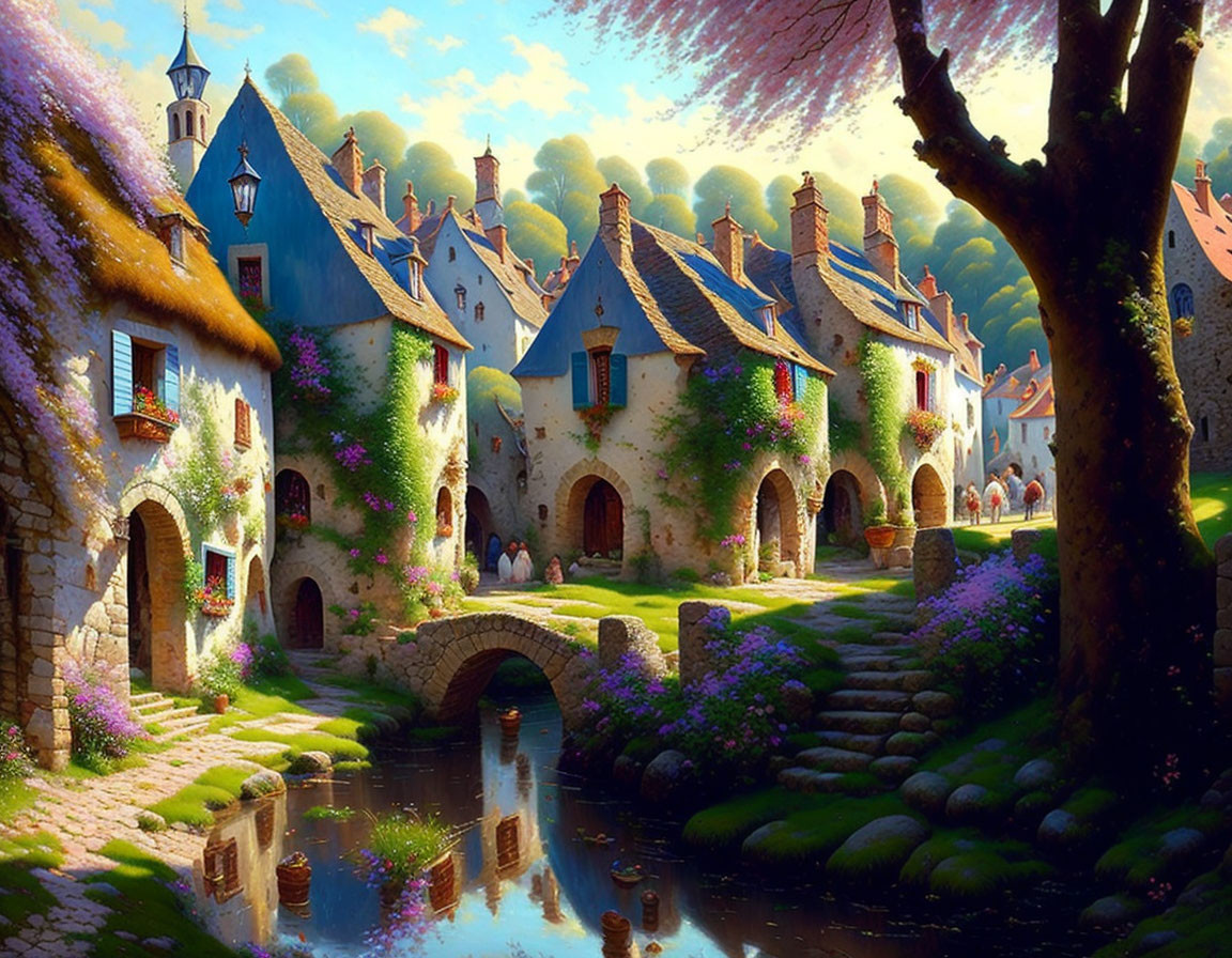 Charming village scene: stone cottages, blooming flowers, tranquil stream, lush greenery.