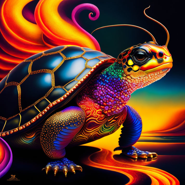 Colorful Turtle on Surreal Fiery Landscape