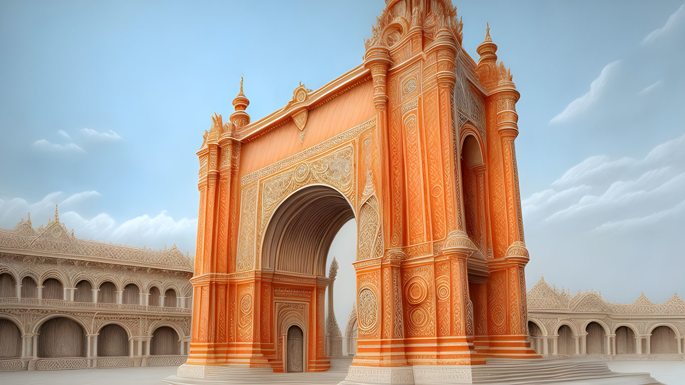 Intricate Orange Archway and Detailed Buildings Against Blue Sky