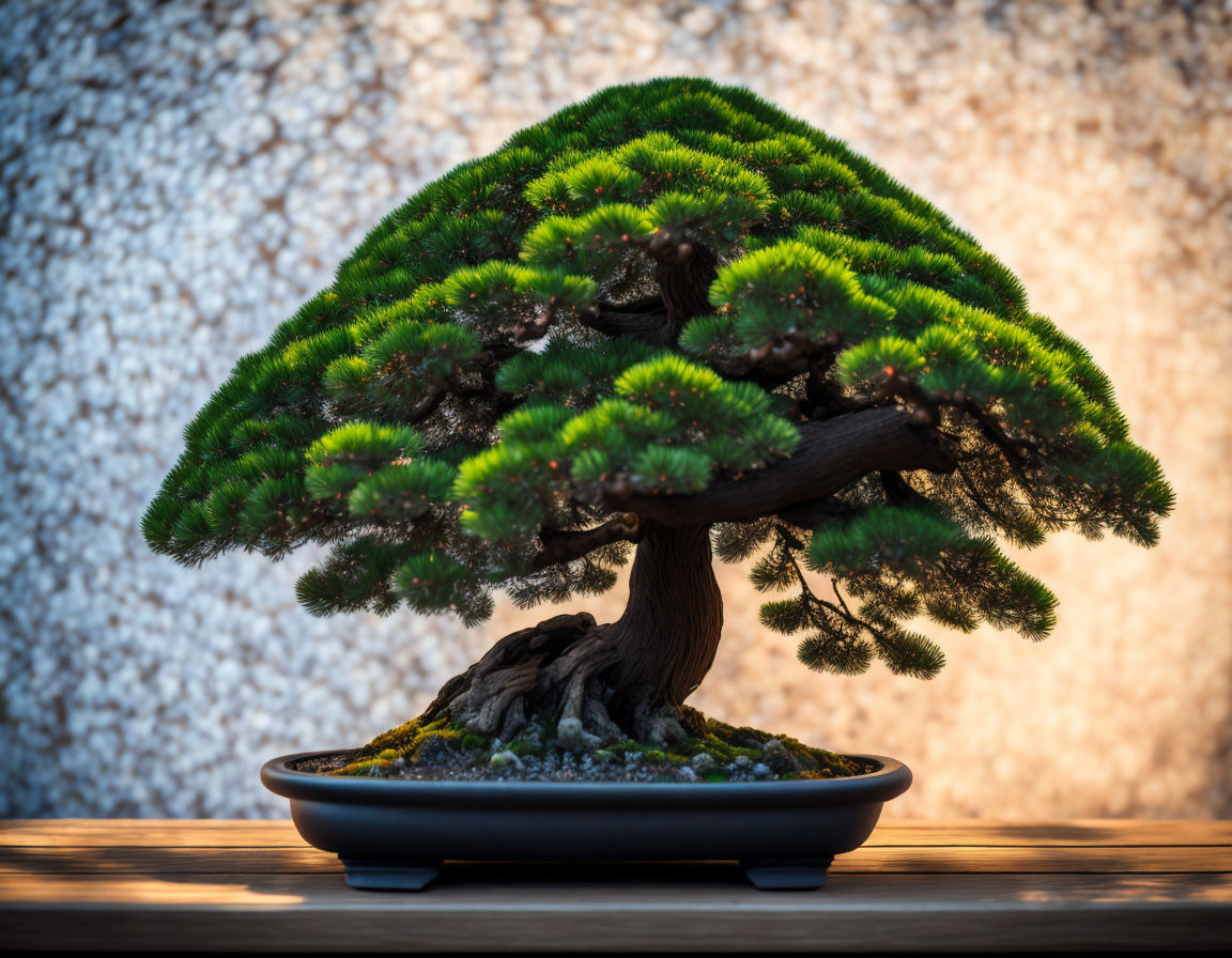 Dense foliated bonsai tree in shallow pot on light background