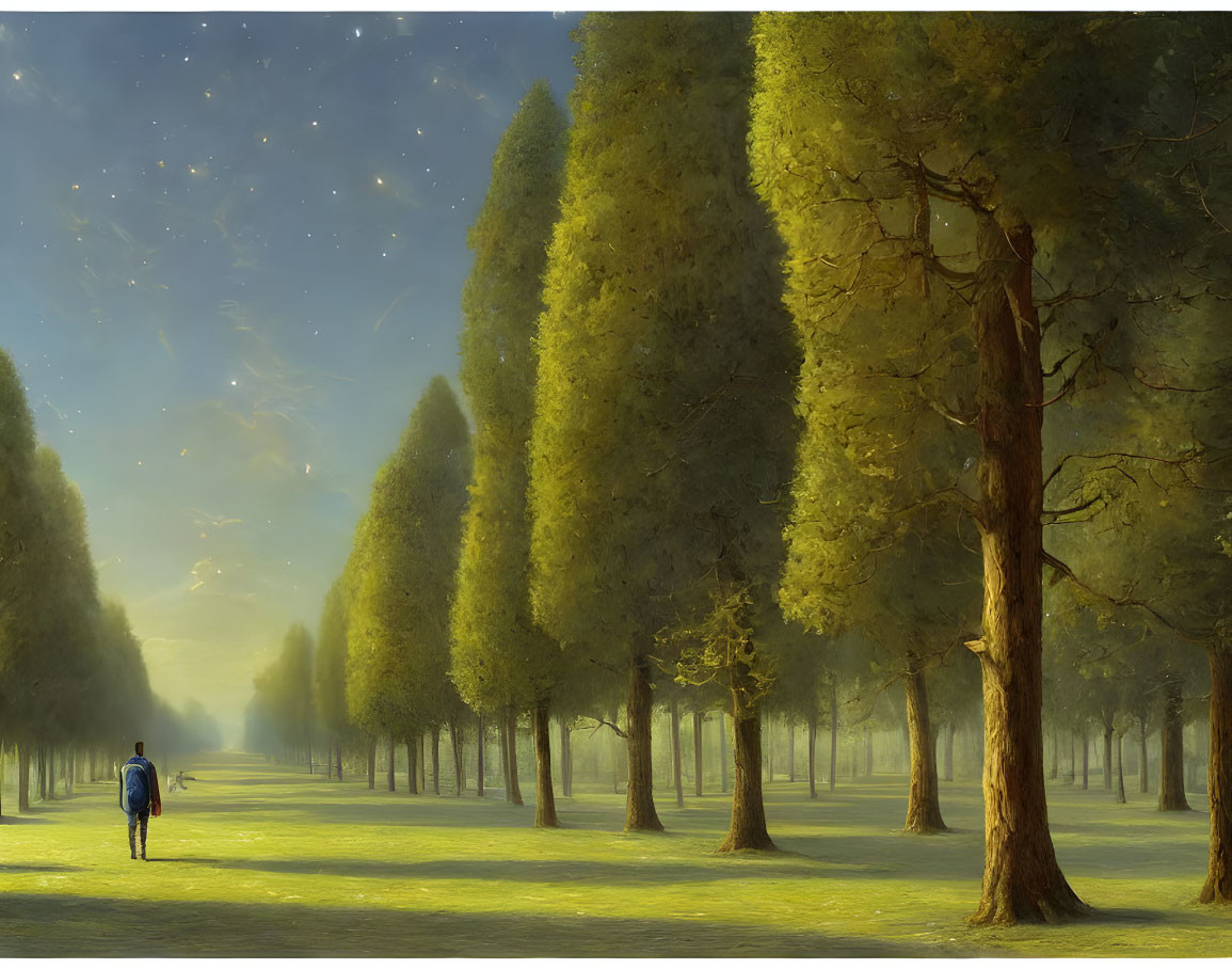 Solitary person walking in serene park under twilight sky