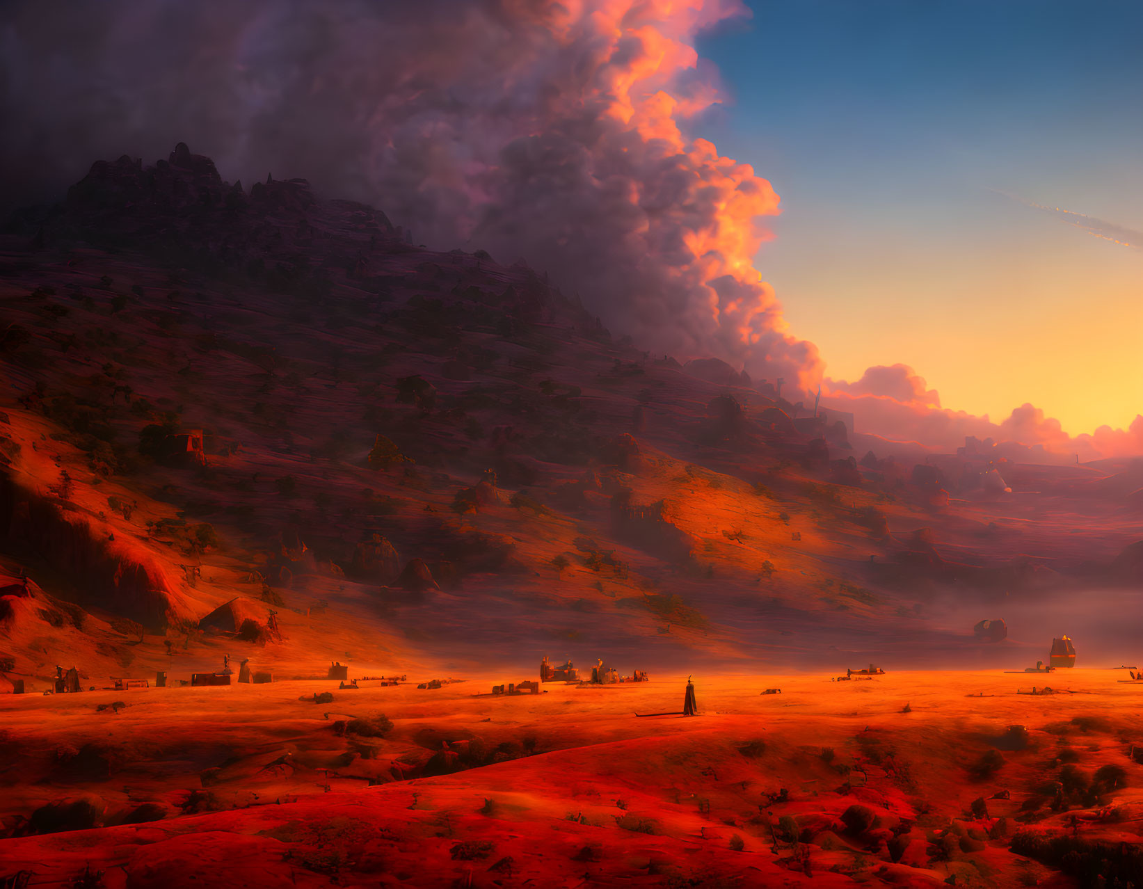 Vivid landscape with fiery sky, rocky terrain, figures, and volcanic structures at dusk or dawn