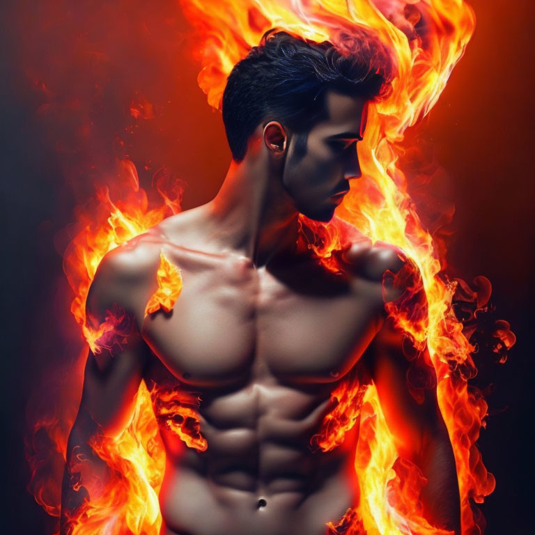 Muscular man engulfed in fiery flames display.