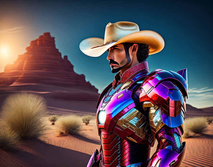 Stylized character with cowboy hat and Iron Man armor in desert sunset