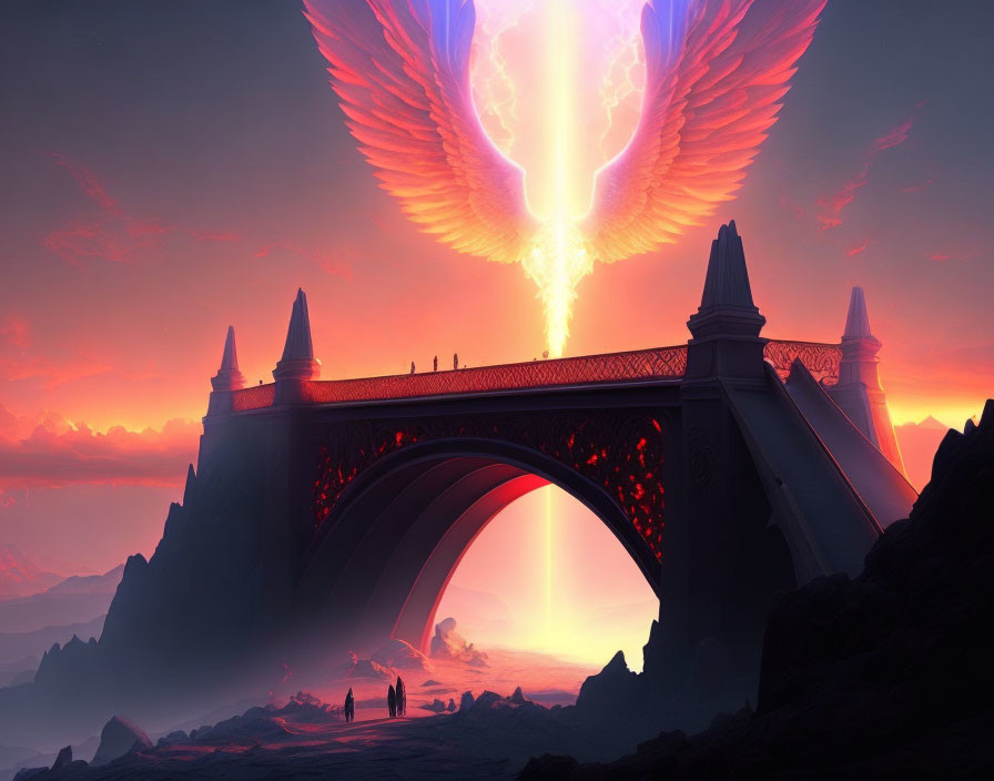 Majestic ornate bridge under giant phoenix in dramatic red sky