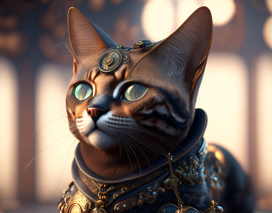 Steampunk-Inspired Cat 3D Rendering with Metallic Accessories