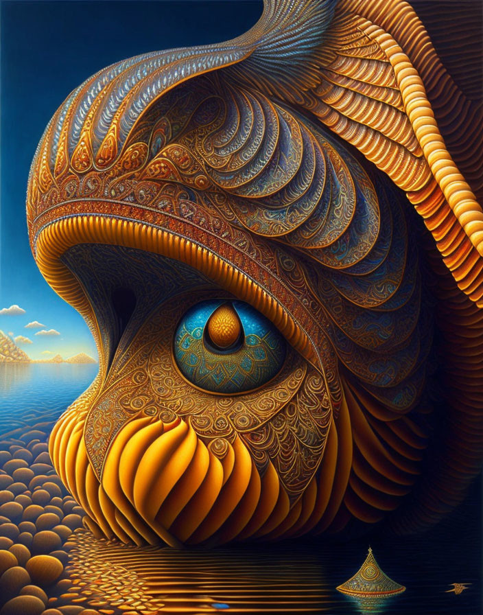 Surrealist painting of ornate eye structure in serene landscape