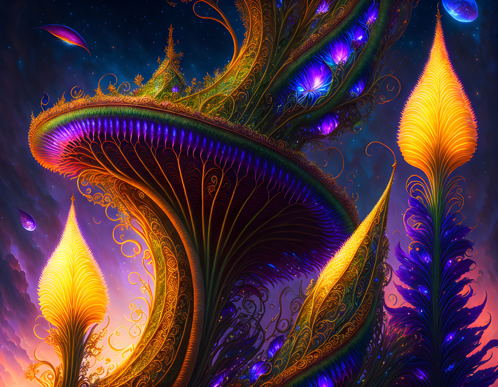 Fantastical landscape with vibrant swirling patterns and feather-like structures