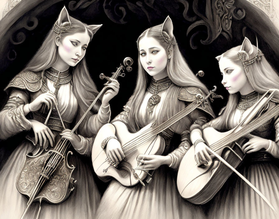 Medieval-themed illustration of three humanoid felines playing string instruments