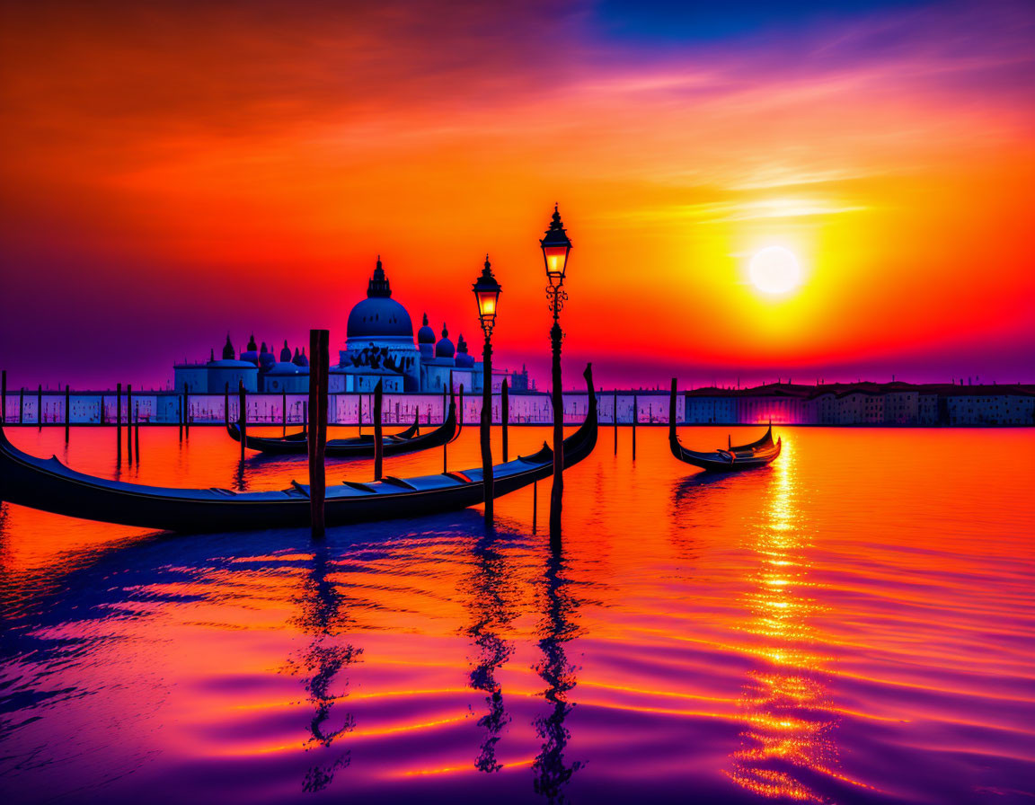 Colorful Venice Sunset with Gondolas and Basilica Silhouettes