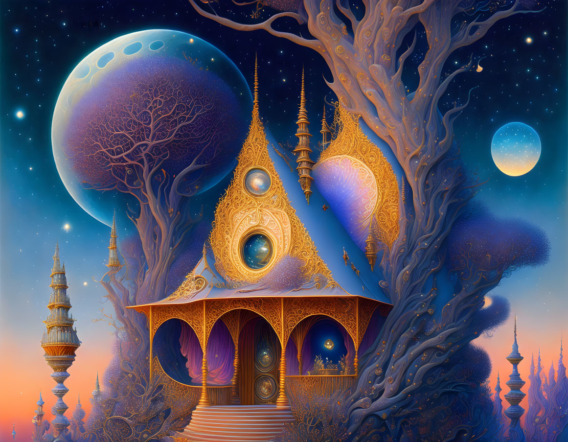 Detailed Golden Treehouse in Fantastical Landscape with Alien Trees and Two Moons