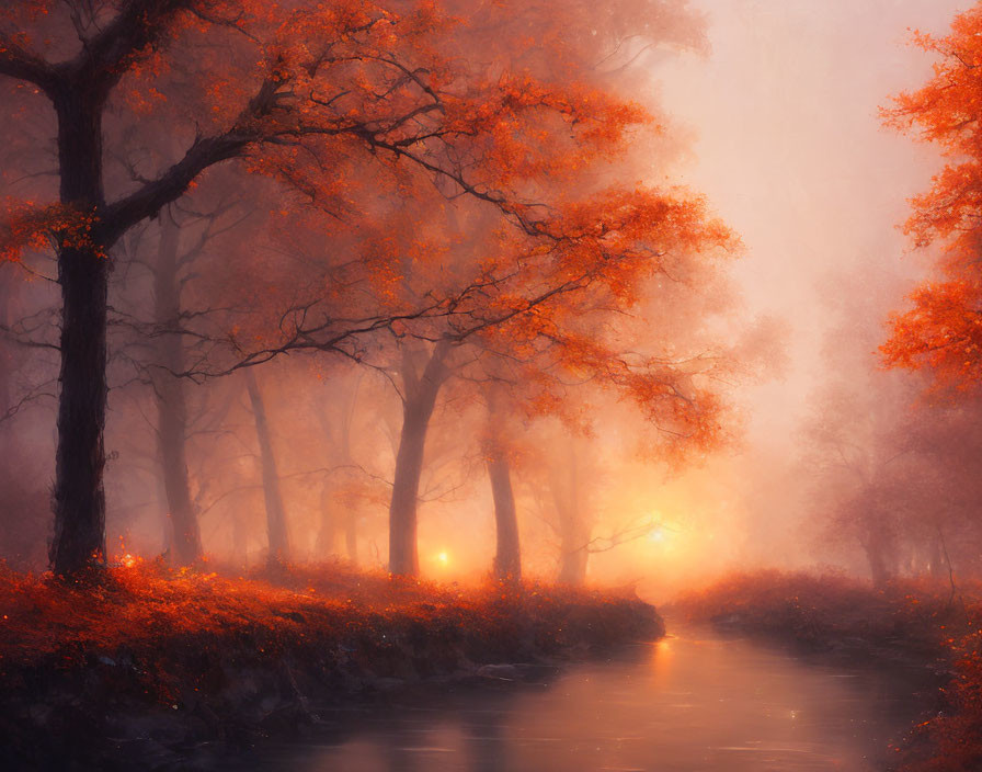 Tranquil autumn landscape with misty atmosphere and reflective stream