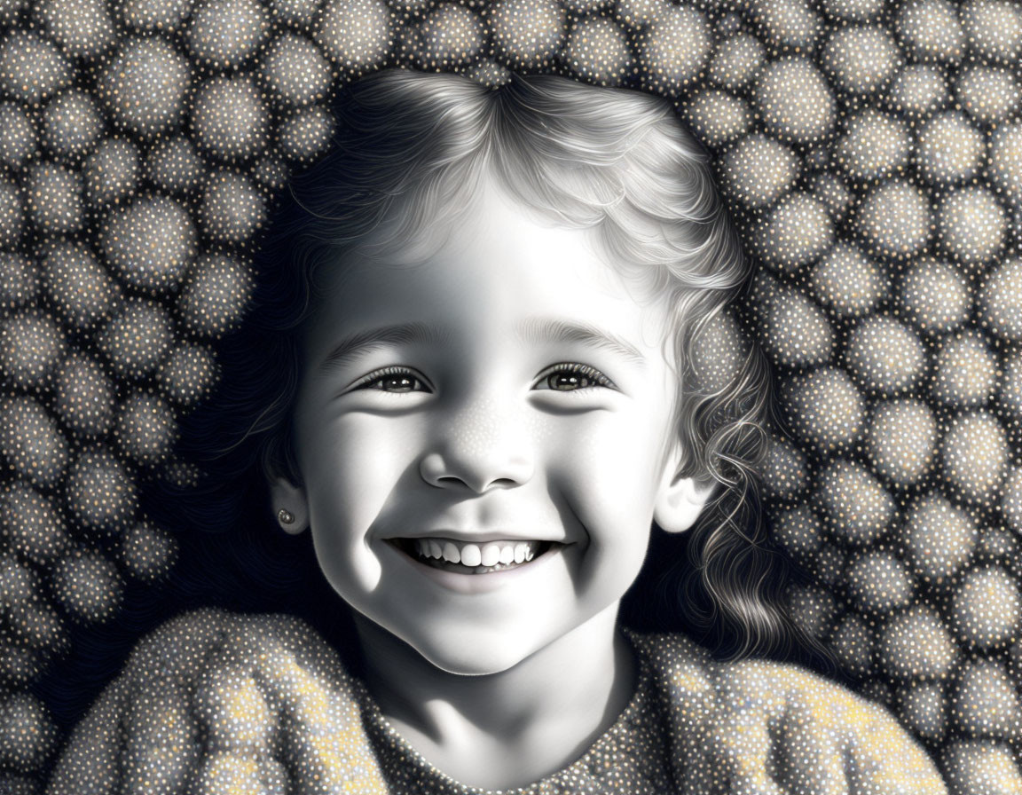Smiling young girl with curly hair on a dotted background