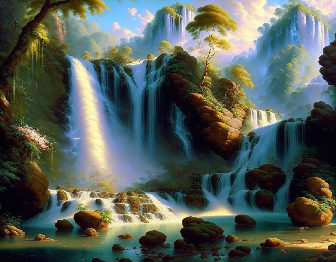Scenic Waterfalls in Lush Greenery and Light Mist