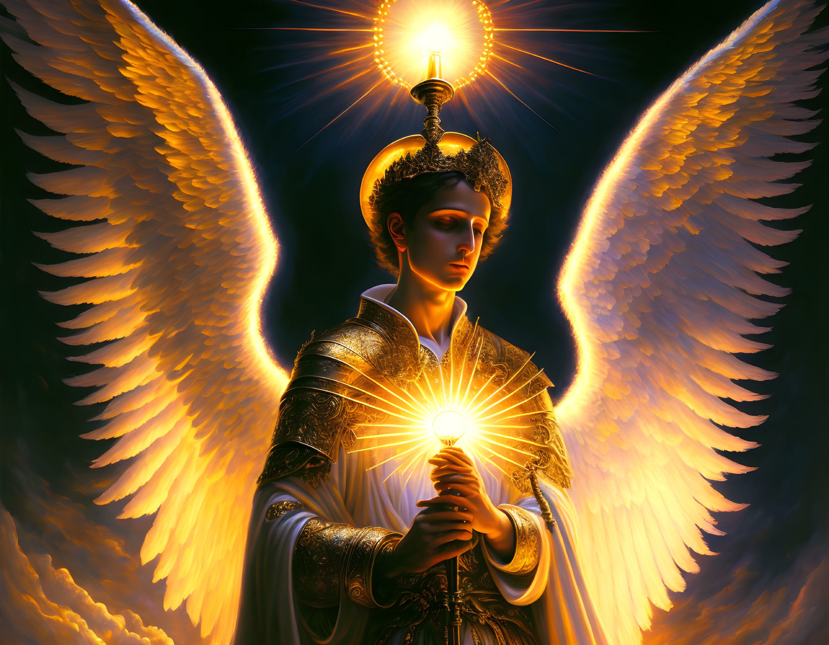 Golden armored angel with luminous wings holding glowing orb in radiant halo.