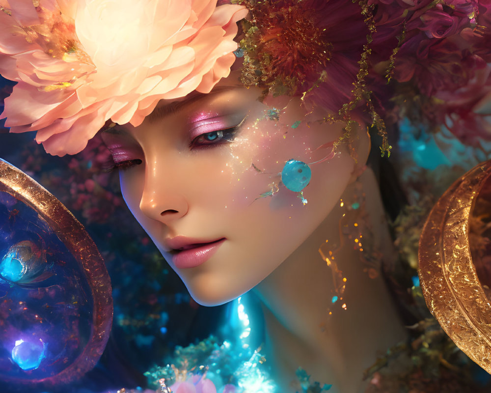 Vibrant flower-adorned woman with glowing makeup and intricate jewelry