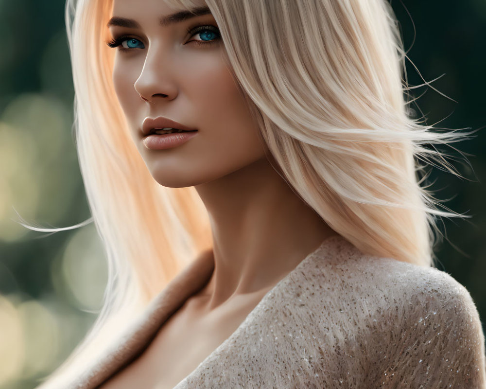 Portrait of woman with blue eyes and blonde hair in beige top