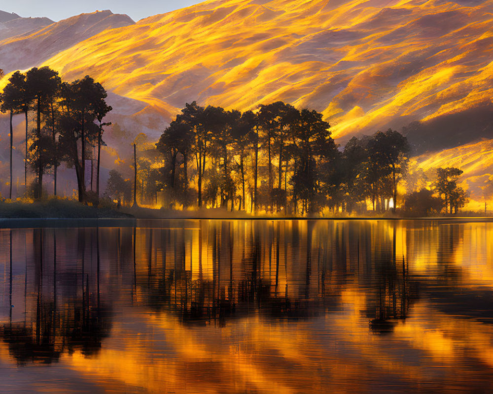 Mountain range illuminated by golden sunset over calm lake