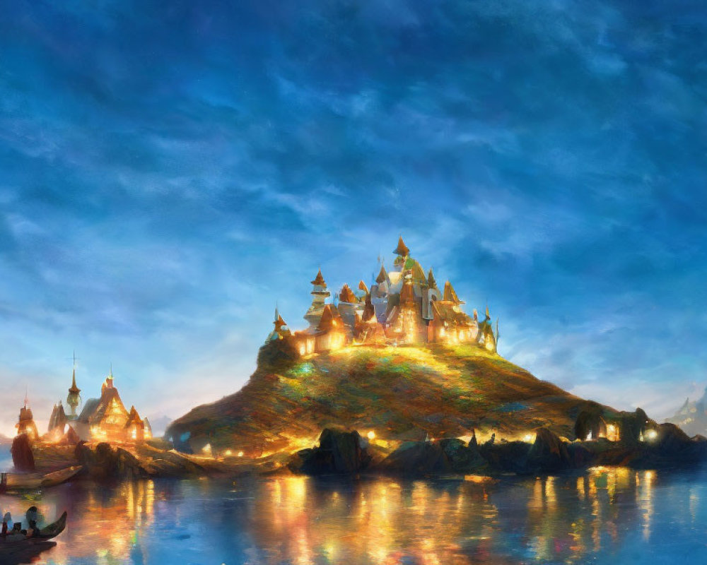 Illuminated castle on hill surrounded by water at dusk