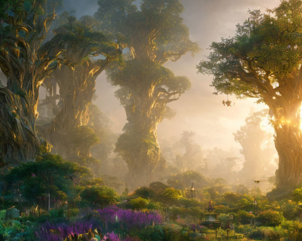 Enchanting sunrise scene of ancient forest with wildflowers and fog