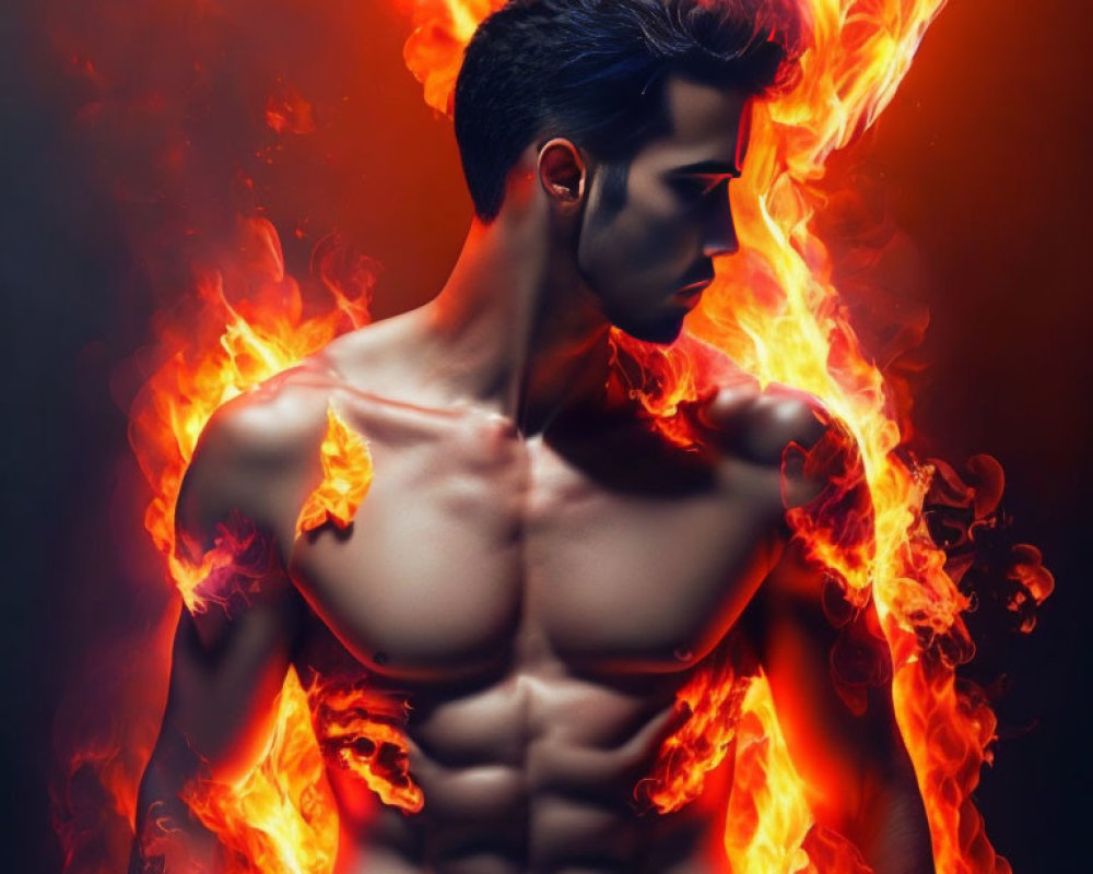 Muscular man engulfed in fiery flames display.