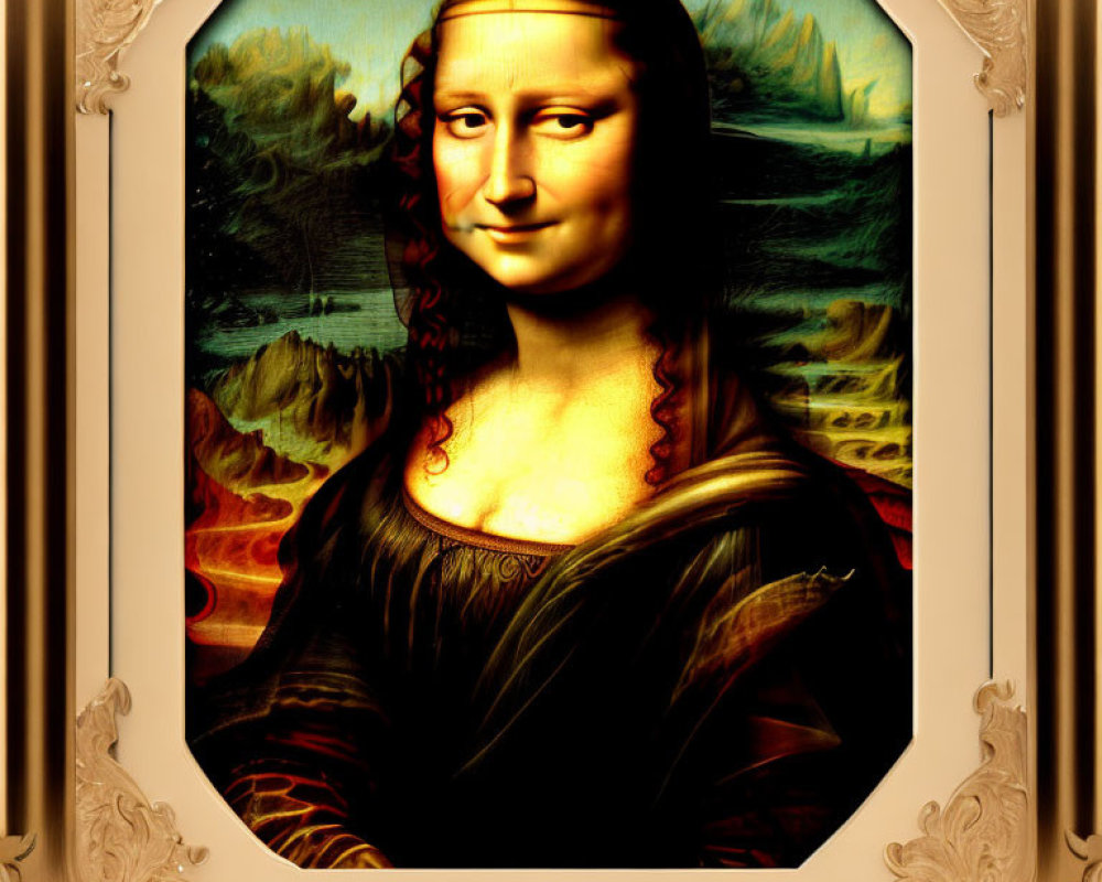 Golden glow digital Mona Lisa in baroque-style frame