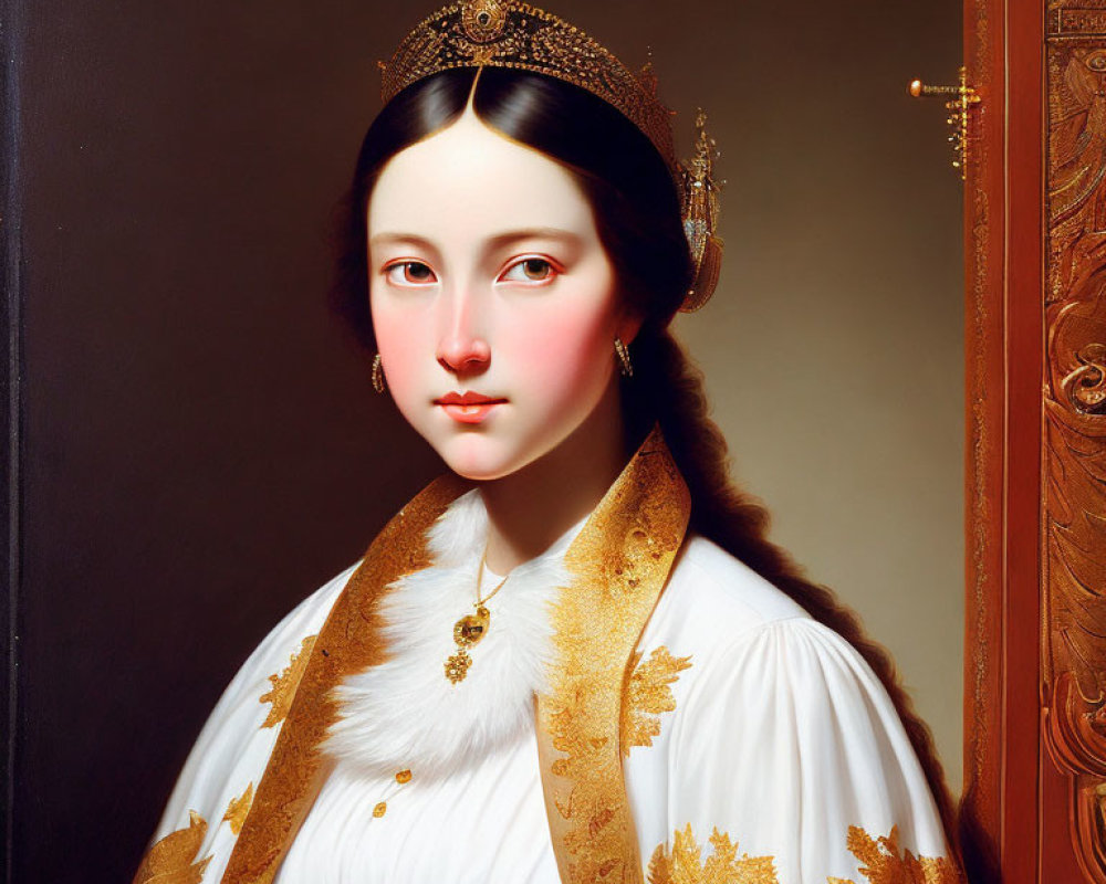 Portrait of young woman in regal attire with pearl tiara, fur-trimmed cape, and