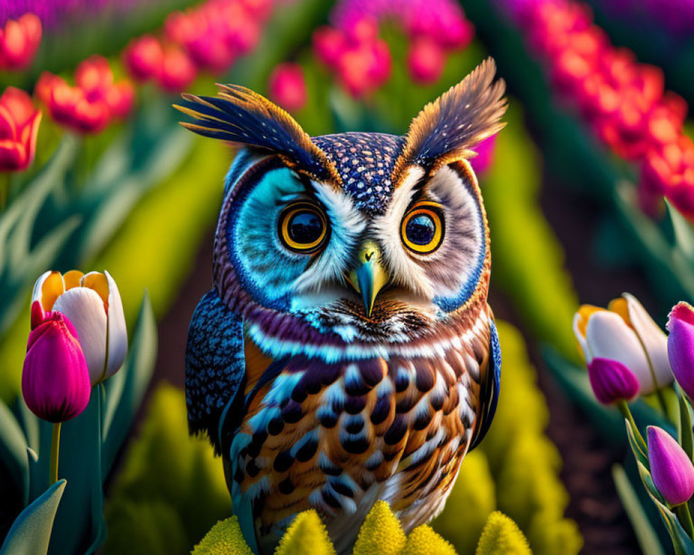 Colorful Owl Among Purple and Yellow Tulips