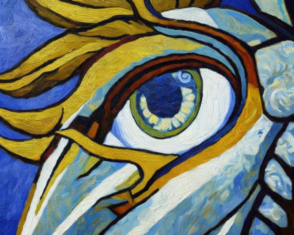 Eye Abstract Painting with Blue, White, and Yellow Swirls