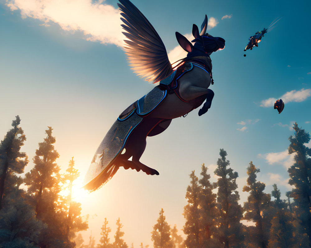 Winged horse flying in sunset-lit forest with magical figures