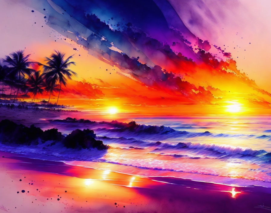 Vibrant digital artwork: Beach sunset with purple and orange hues