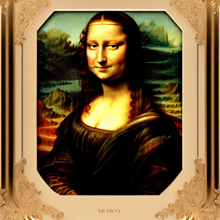 Golden glow digital Mona Lisa in baroque-style frame