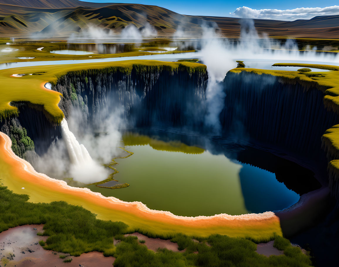 Tranquil Lake with Vast Waterfall and Lush Greenery