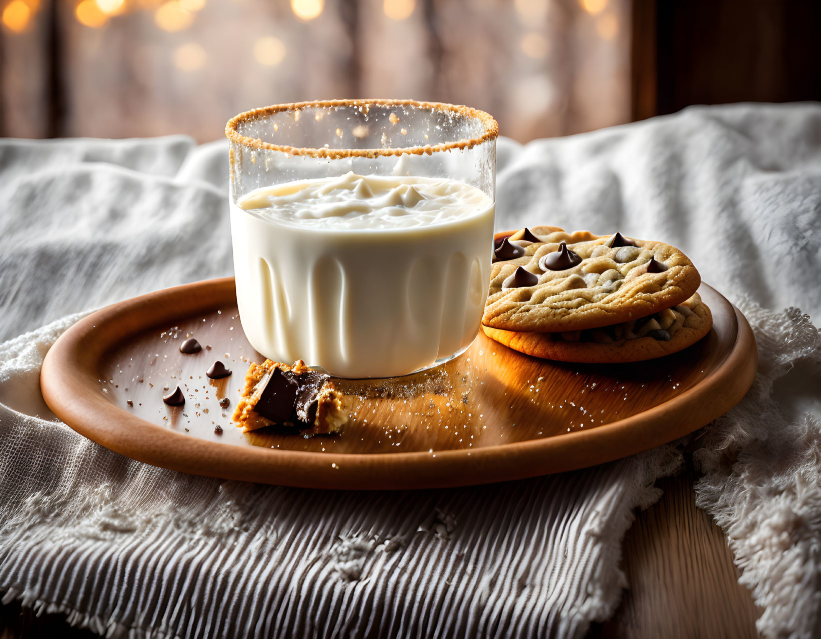 Frothy milk glass and cookies on wooden tray with warm lights