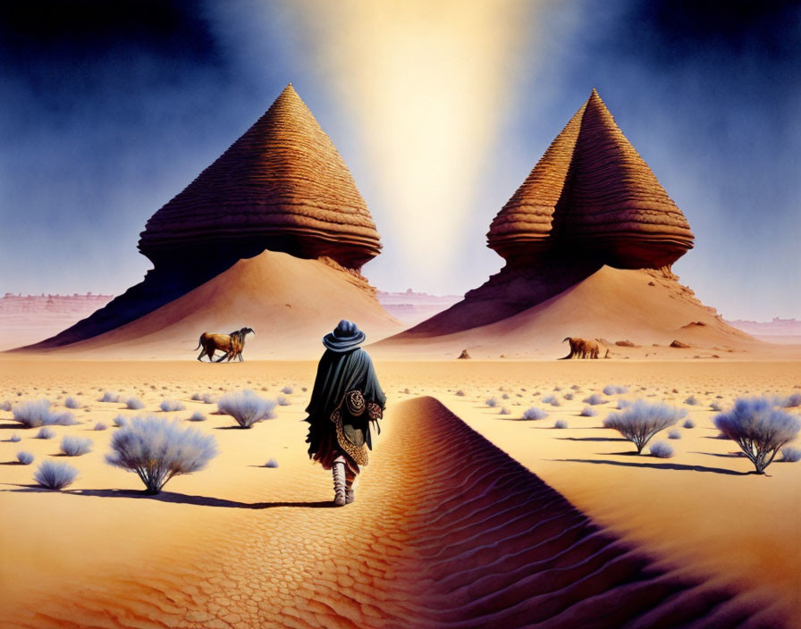 Cloaked figure walking towards cone-shaped structures in surreal desert landscape