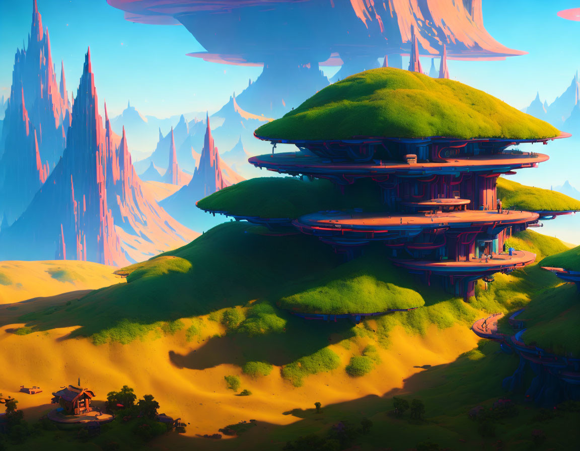 Futuristic building on lush hill with desert spires.