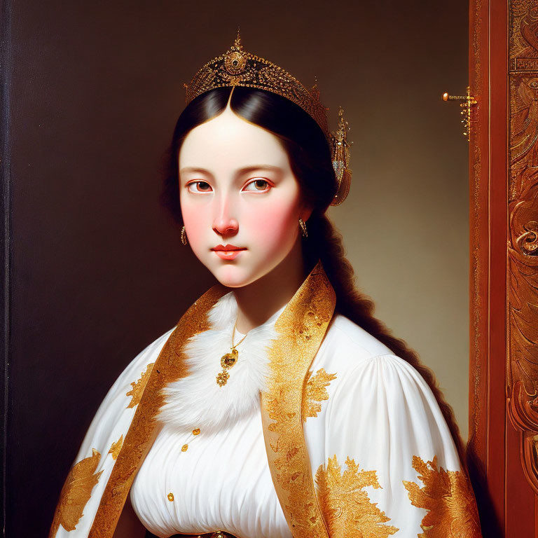 Portrait of young woman in regal attire with pearl tiara, fur-trimmed cape, and