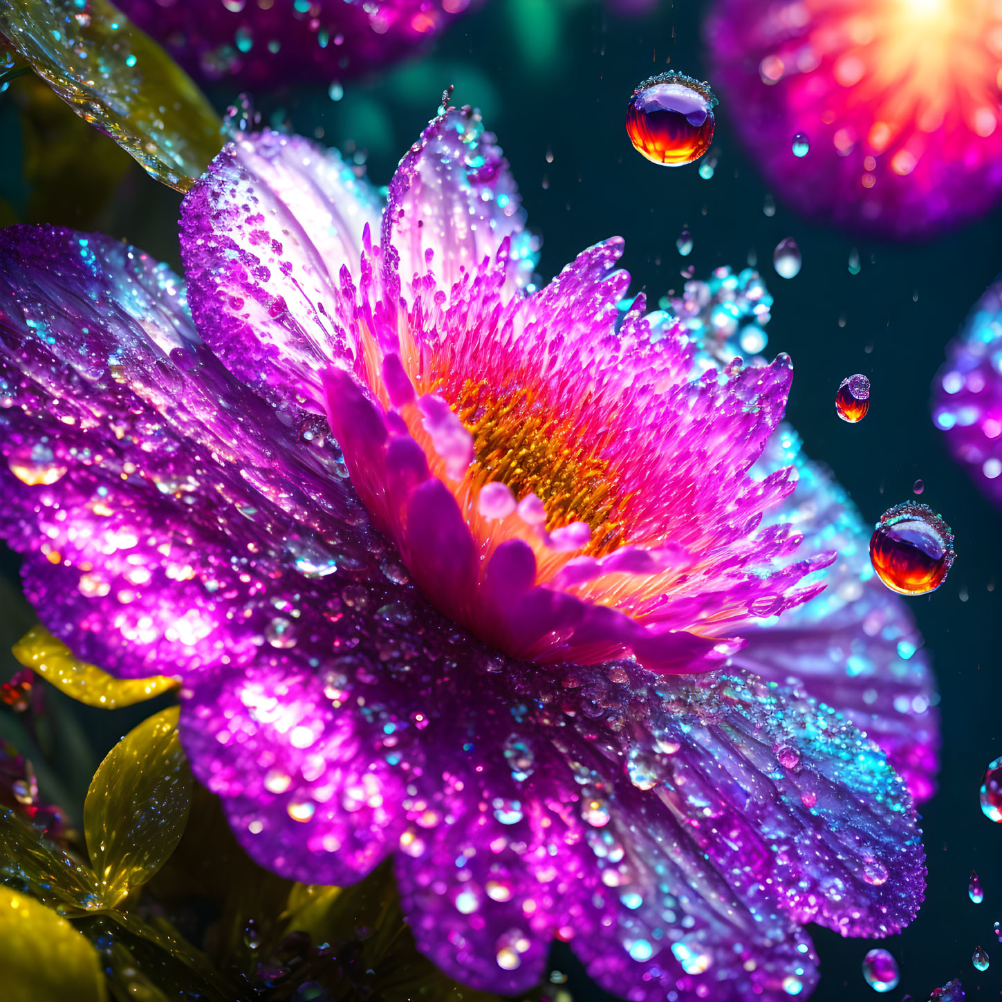 Vibrant purple flower with pink center in water droplets, set against lush greenery.