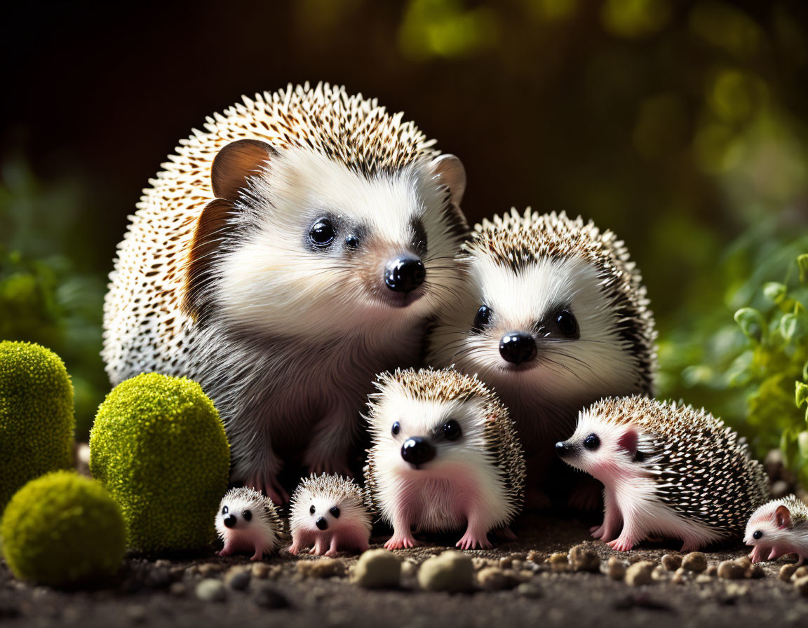 Hedgehog Family Nestled Among Greenery and Moss-covered Stones