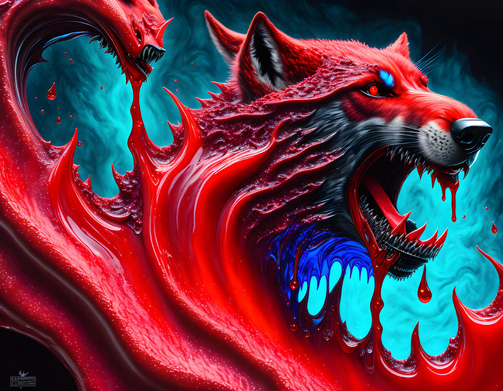 Vibrant digital artwork: Red wolf with fierce eyes in surreal liquid swirl