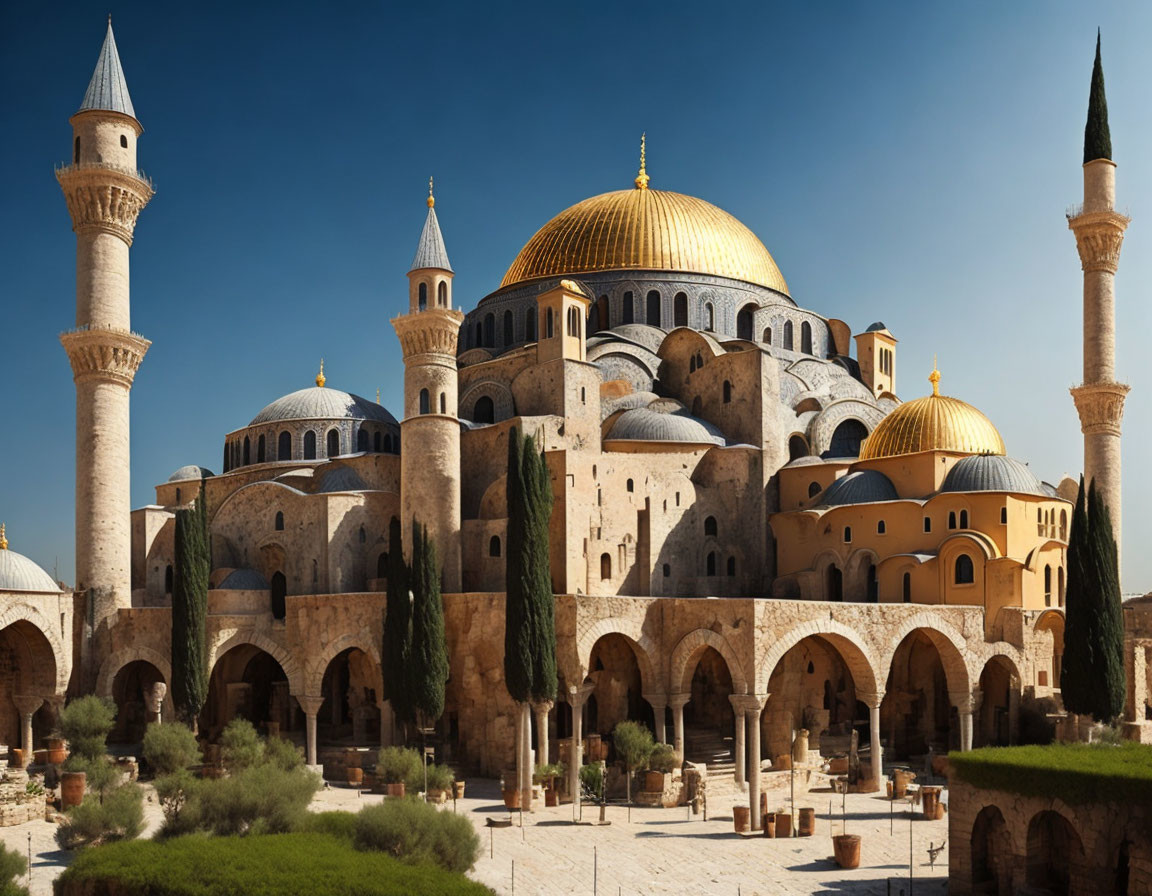 Ancient mosque with domes and minarets in a clear sky landscape